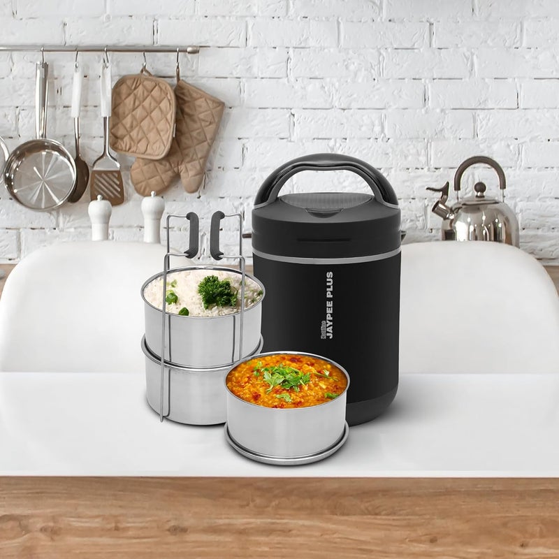 JAYPEE PLUS هوتلاين 3-320X3 مل ستانلس ستيل داخلي | هيكل بلاستيكي خارجي | صندوق غداء كهربائي للمكتب | تصميم مضاد للصدمات | خالي من BPA | إعادة تسخين الطعام في 30 دقيقة | حافظة مريحة لكابل الطاقة، أسود - Image 2