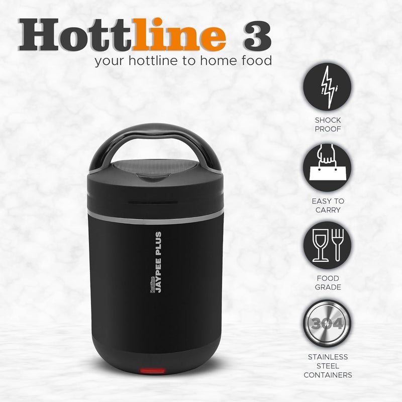 JAYPEE PLUS هوتلاين 3-320X3 مل ستانلس ستيل داخلي | هيكل بلاستيكي خارجي | صندوق غداء كهربائي للمكتب | تصميم مضاد للصدمات | خالي من BPA | إعادة تسخين الطعام في 30 دقيقة | حافظة مريحة لكابل الطاقة، أسود - Image 4