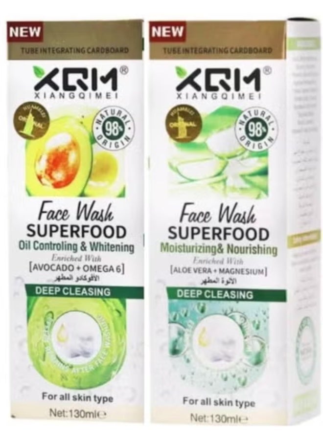 XQM Oil Control Whitening Facial Wash Enriched with Avocado & Omega 6 - 130 ml Plus  XQM Superfood Moisturizing & Nourishing With Aloe Vera & Magnesium Facial Wash 130 ml - Image 1