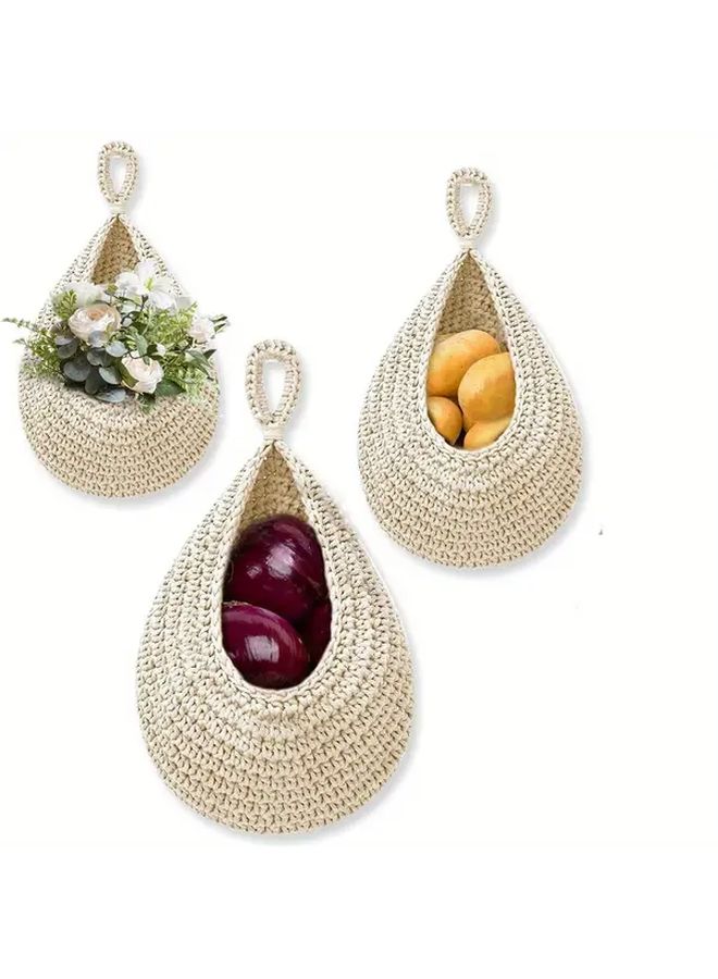 3pcs Handwoven Teardrop Fruit Vegetable Baskets Wall Hanging Kitchen Storage - Image 1