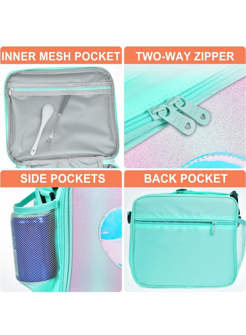 KASTWAVE Children's Lunch Box, Rainbow Laser Tote Leakproof Insulated Lunch Bag Reusable Insulated Bento Bag Picnic Ice Bag Girls Simple Shoulder Bag for School and Outdoor Backpack (Green)  - Image 5