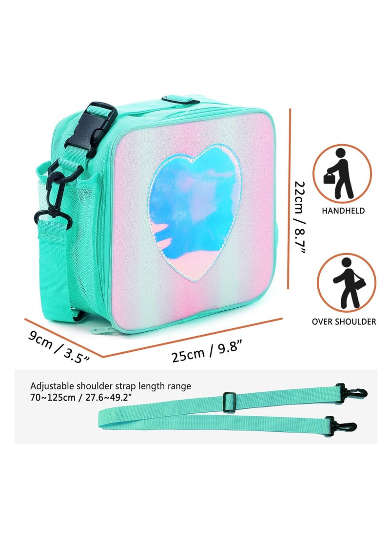 KASTWAVE Children's Lunch Box, Rainbow Laser Tote Leakproof Insulated Lunch Bag Reusable Insulated Bento Bag Picnic Ice Bag Girls Simple Shoulder Bag for School and Outdoor Backpack (Green)  - Image 2