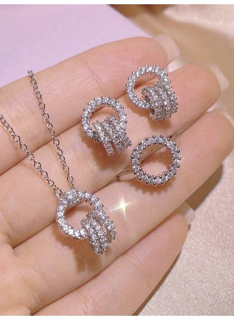 4-Piece Luxury Jewelry Set (Necklace, Earrings, Ring & Bracelet) With Interlocking Ring Design - Image 1