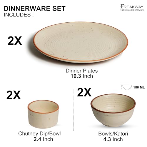 Freakway Hand-Painted Ceramic Dinner Set of 6 Pcs | 2 Stoneware Dinner Plates (10 Inch), 2 Dip Bowl(2.4 Inch & 2 Serving Bowls (180 Ml) | Microwave & Dishwasher Safe - Off White - Image 3
