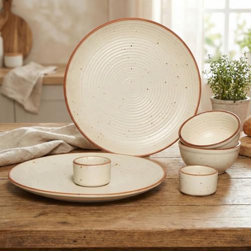 Freakway Hand-Painted Ceramic Dinner Set of 6 Pcs | 2 Stoneware Dinner Plates (10 Inch), 2 Dip Bowl(2.4 Inch & 2 Serving Bowls (180 Ml) | Microwave & Dishwasher Safe - Off White - Image 2