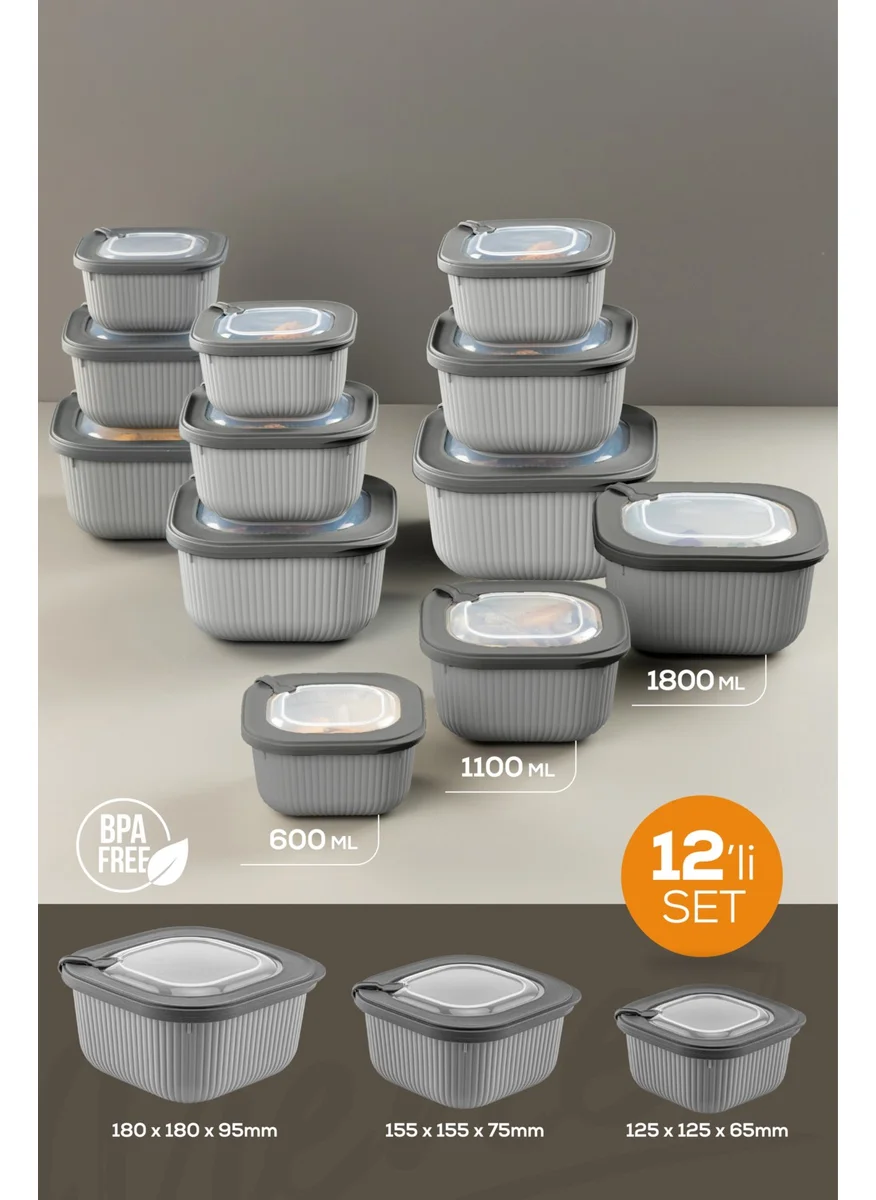 Vienev 12LI 4X (600-1100-1800 Ml) Microwave and Freezer Suitable VIP Covered Special Storage Container Set Anthracite
