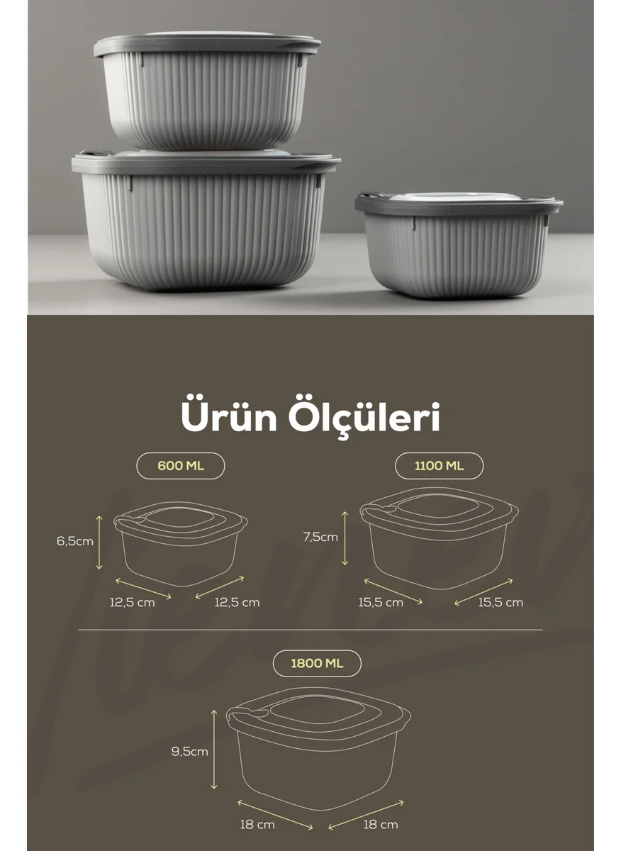 Vienev 12LI 4X (600-1100-1800 Ml) Microwave and Freezer Suitable VIP Covered Special Storage Container Set Anthracite