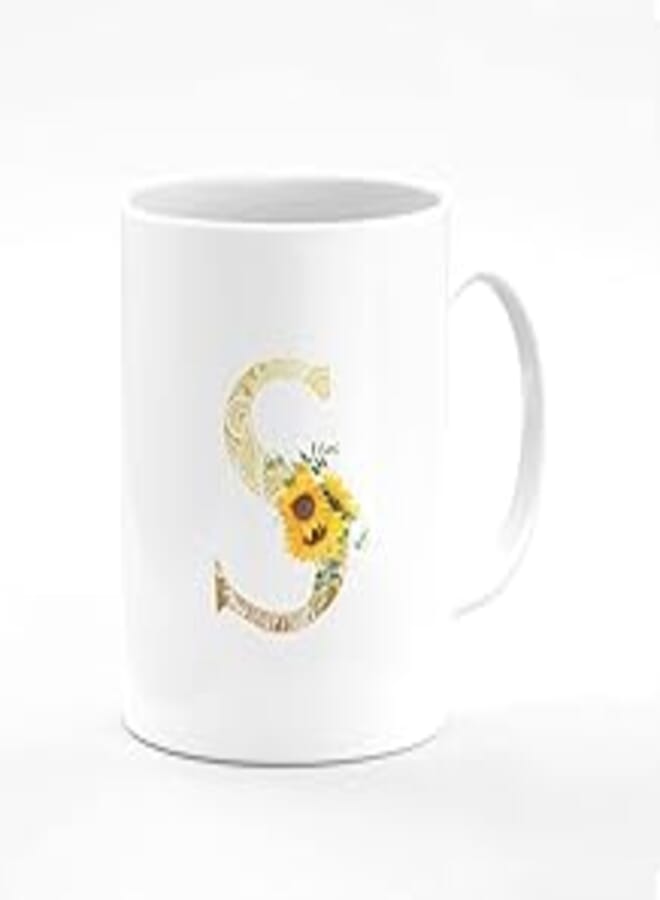 Stylizedd Designer Printed Coffee Mug 11oz Ceramic Personalised Gift Mugs Cup -Custom Monogram Initial Letter Floral Pattern Alphabet - S (White)