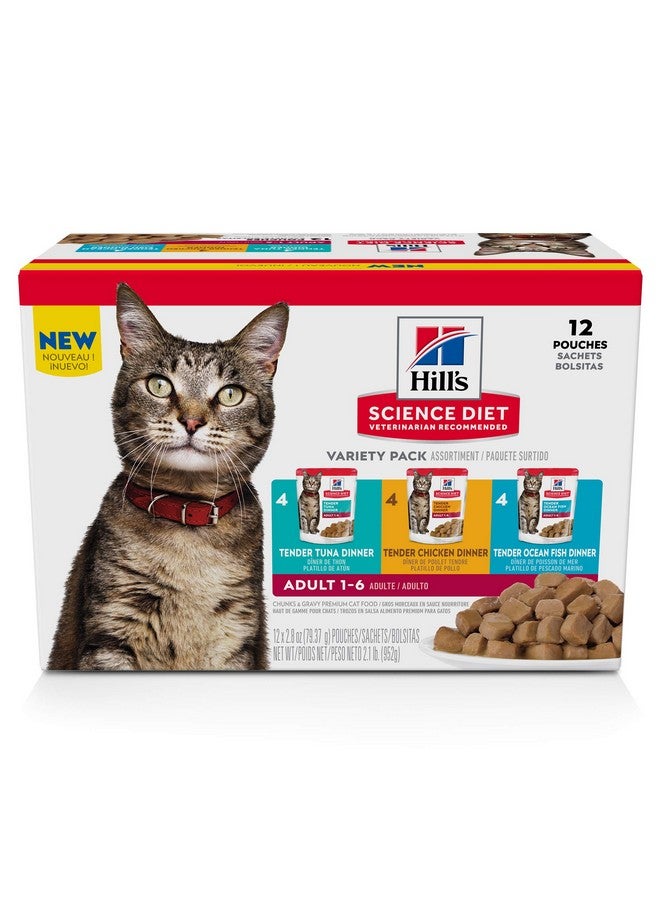 Hill's Science Diet Adult 16, Adult 16 Premium Nutrition, Wet Cat Food, Variety Case: Tuna, Chicken, Ocean Fish Stew, 2.8 Oz Pouch Variety Case, Case Of 12