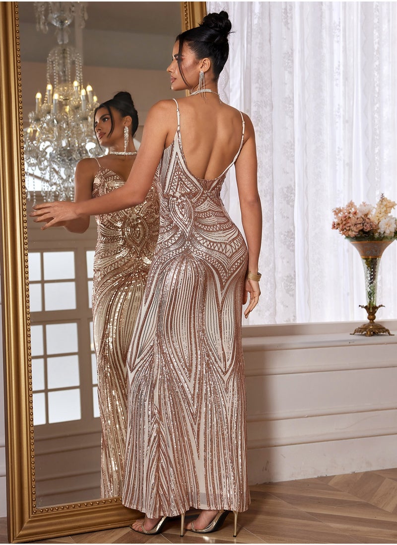 Madam Uniq Women's V Neck Spaghetti Straps Sequin Sparkly Glitter Irregular Hem Prom Dress Bcakless Maxi Evening Gowns  - Image 2