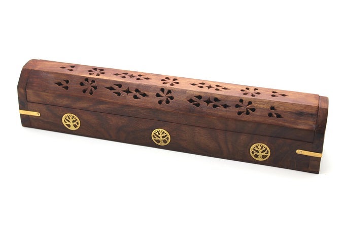 WOODEN COFFIN INCENSE BURNER 12 TREE OF LIFE BRASS INLAYS STORAGE COMPARTMENT