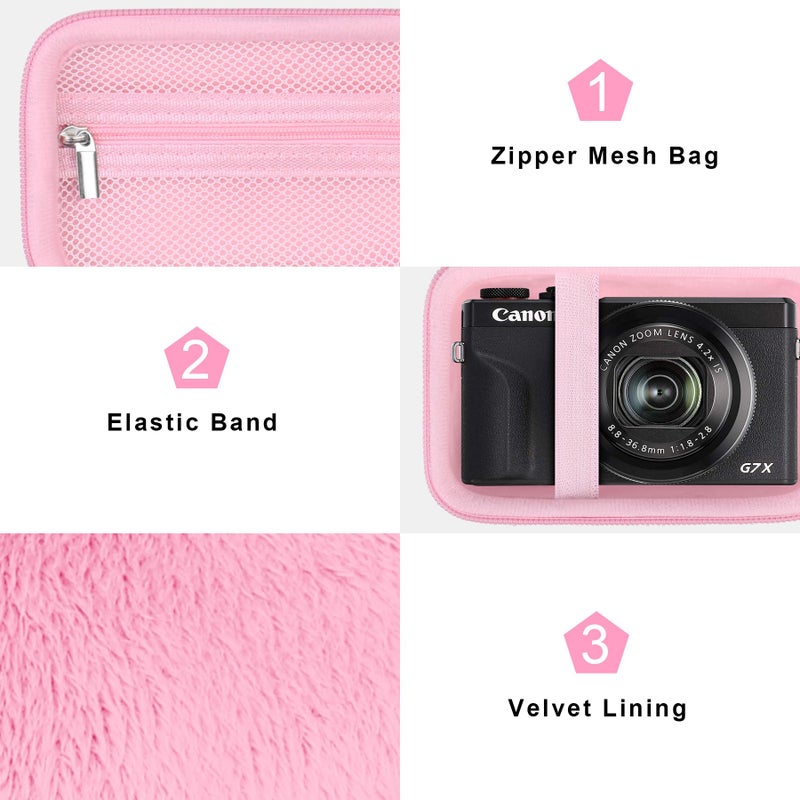 Canboc Camera Case for Canon PowerShot G7 X Mark III/ G7X Mark II Digital 4K Vlogging Camera, Point and Shoot 4K Video Camera Bag, Zipper Mesh Pocket fits USB Cable, Batteries, Pink - Image 5