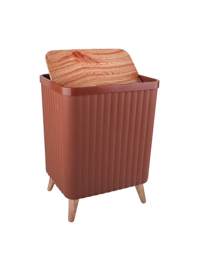 11L Modern Brown Trash Can with Wooden Legs & Swing Lid