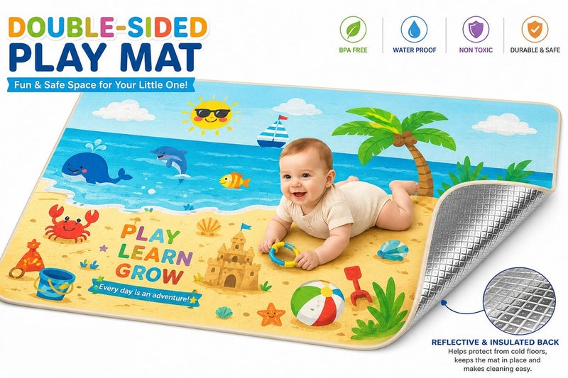 Panvil Double-Sided Baby Play Mat 180x120cm – Assorted Cartoon Designs Foldable Foam Crawling Mat with Waterproof Silver Insulated Back, BPA Free Non-Toxic Floor Mat for Babies & Toddlers - Image 3