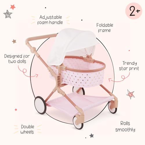 LullaBaby 14Inch Doll Twin Stroller Accessories Set Foldable Canopy Storage Basket Pink Golden Stars Design Pretend Play 2 Years Doll Double Stroller Set - Image 5