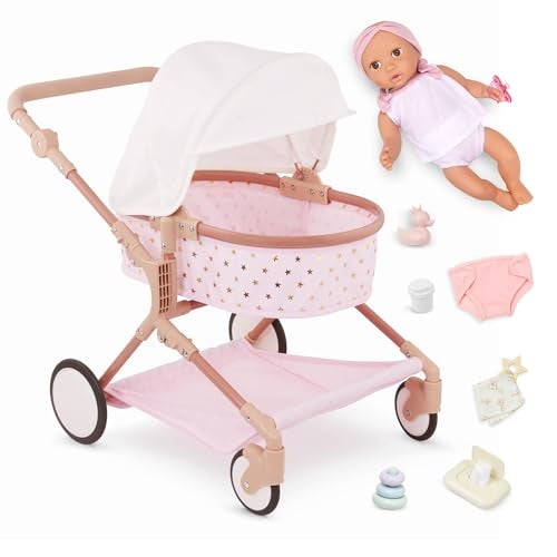LullaBaby 14Inch Doll Twin Stroller Accessories Set Foldable Canopy Storage Basket Pink Golden Stars Design Pretend Play 2 Years Doll Double Stroller Set - Image 1