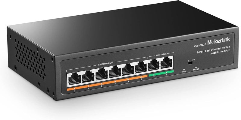 MokerLink 8 Port PoE Switch with 6 PoE+ Port, 2 Uplink, 100Mbps, 78W AI Detection IEEE802.3af/at, Fanless Metal Plug & Play Network Switch - Image 1