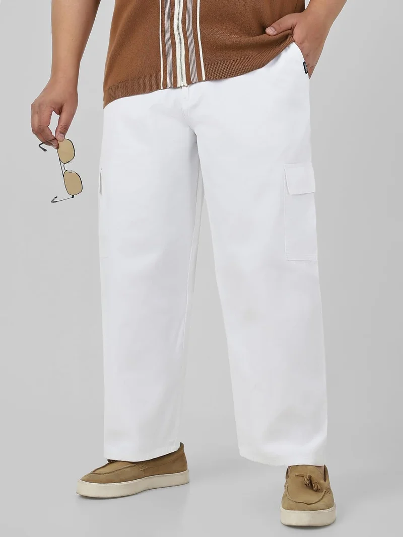 Urbano Plus Men's White Loose Baggy Fit Solid Cargo Chino Pant with 6 Pockets Non-Stretchable