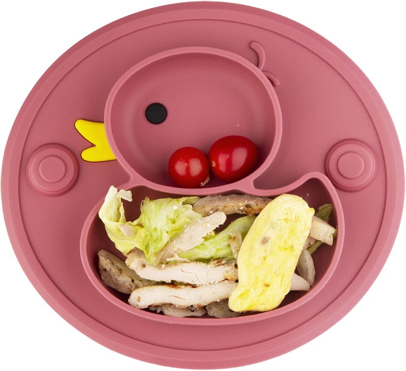 Linowos Baby Divided Plate Placemat Silicone Portable Non Slip Child Feeding Suction Plate for Children Babies and Kids BPA Free Baby Dinner Plate Microwave Dishwasher Safe DuckBlush - Image 1