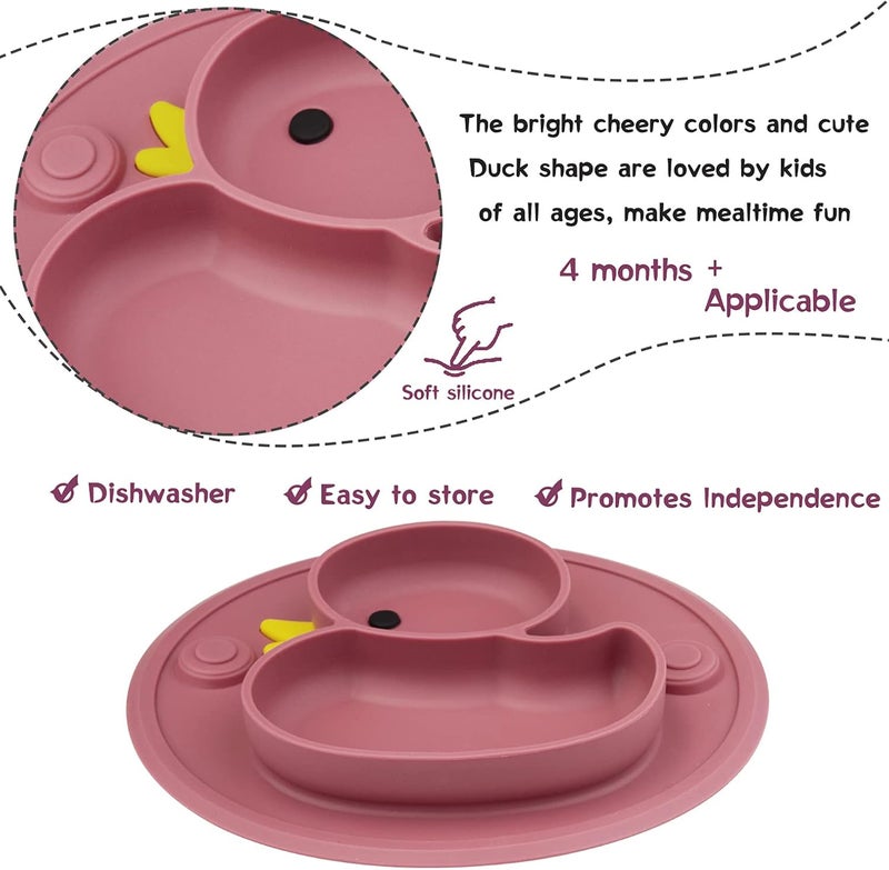 Linowos Baby Divided Plate Placemat Silicone Portable Non Slip Child Feeding Suction Plate for Children Babies and Kids BPA Free Baby Dinner Plate Microwave Dishwasher Safe DuckBlush - Image 4