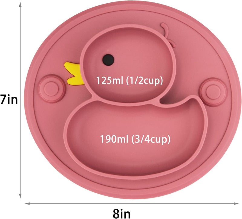 Linowos Baby Divided Plate Placemat Silicone Portable Non Slip Child Feeding Suction Plate for Children Babies and Kids BPA Free Baby Dinner Plate Microwave Dishwasher Safe DuckBlush - Image 3