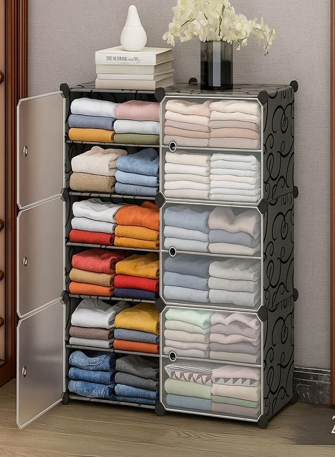 Owme Collapsible Wardrobe for Clothes - DIY 6 Door Plastic Almirah for Clothes with Doors | Side Hanger, Foldable Wardrobe for Storage for Home | Storage Organizer for Clothes - Black - Image 1