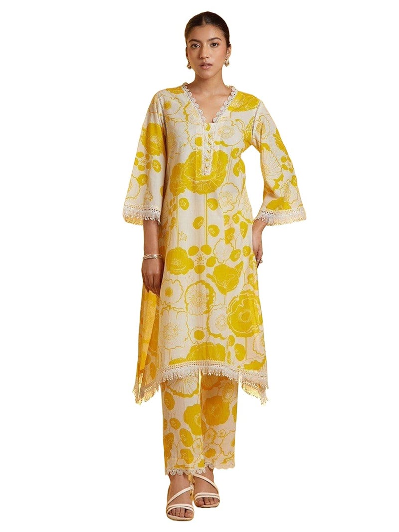 LookMark Women's Printed Cotton Blend Straight Kurta Pant Set with Lace - Comfortable Ethnic Wear for Women, Elegant Design, Suitable for Various Occasions (AZ-LM-OG-KS2118 Yellow-L) - Image 1