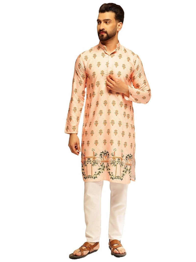 SOJANYA (Since 1958 Men's Cotton Daman Print with Krochet Embroidered Peach Kurta and Pyjama - Image 1