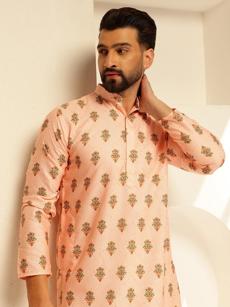 SOJANYA (Since 1958 Men's Cotton Daman Print with Krochet Embroidered Peach Kurta and Pyjama - Image 5