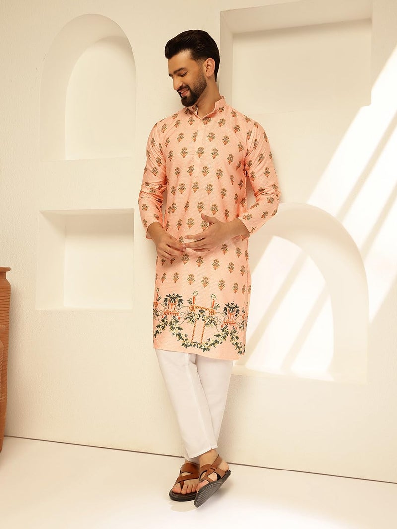 SOJANYA (Since 1958 Men's Cotton Daman Print with Krochet Embroidered Peach Kurta and Pyjama - Image 2