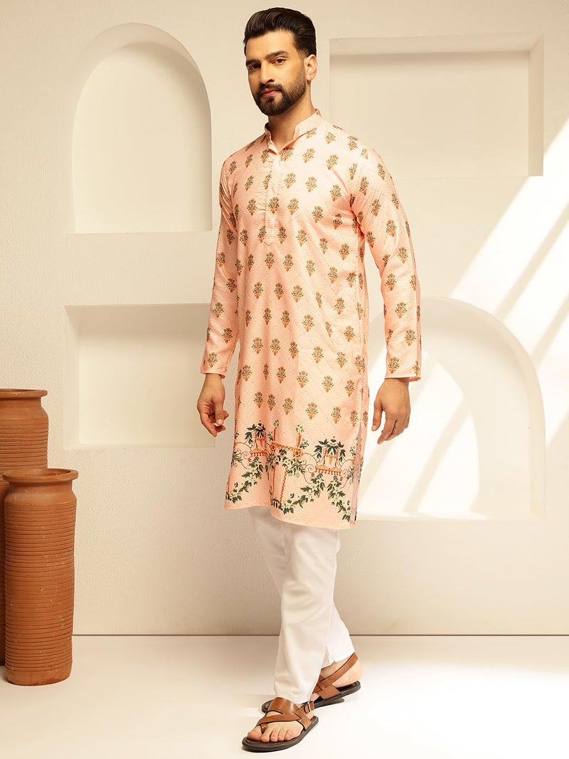 SOJANYA (Since 1958 Men's Cotton Daman Print with Krochet Embroidered Peach Kurta and Pyjama - Image 3