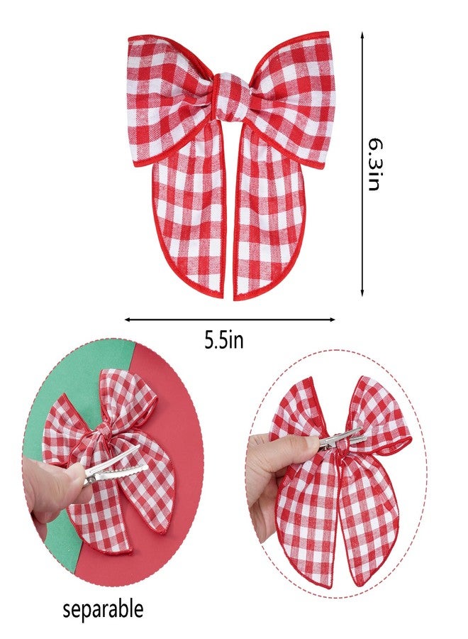 Sucrain 7 Pieces Large Christmas Fable Hair Bows Cotton Linen Red and Black Plaid Hair Bow Handmade Christmas Hair Accessories for Girls Kids Women - Image 2
