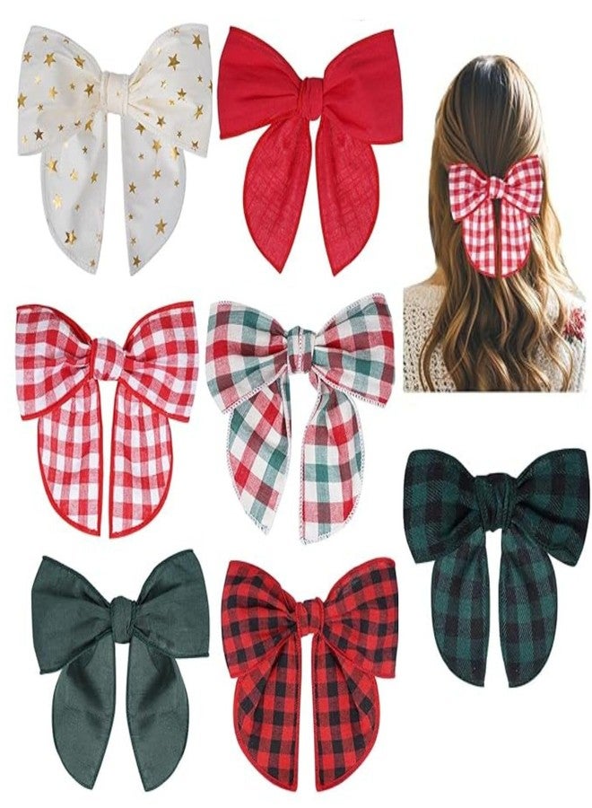 Sucrain 7 Pieces Large Christmas Fable Hair Bows Cotton Linen Red and Black Plaid Hair Bow Handmade Christmas Hair Accessories for Girls Kids Women - Image 1