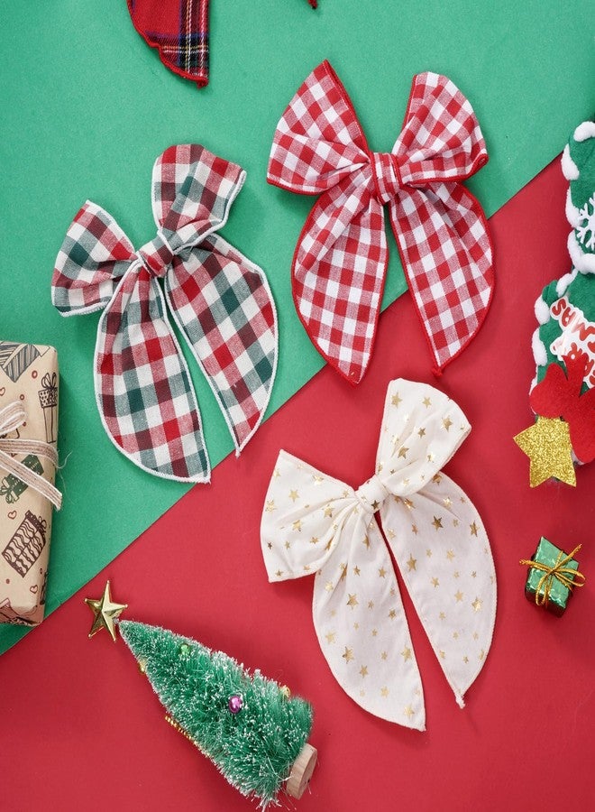 Sucrain 7 Pieces Large Christmas Fable Hair Bows Cotton Linen Red and Black Plaid Hair Bow Handmade Christmas Hair Accessories for Girls Kids Women - Image 4