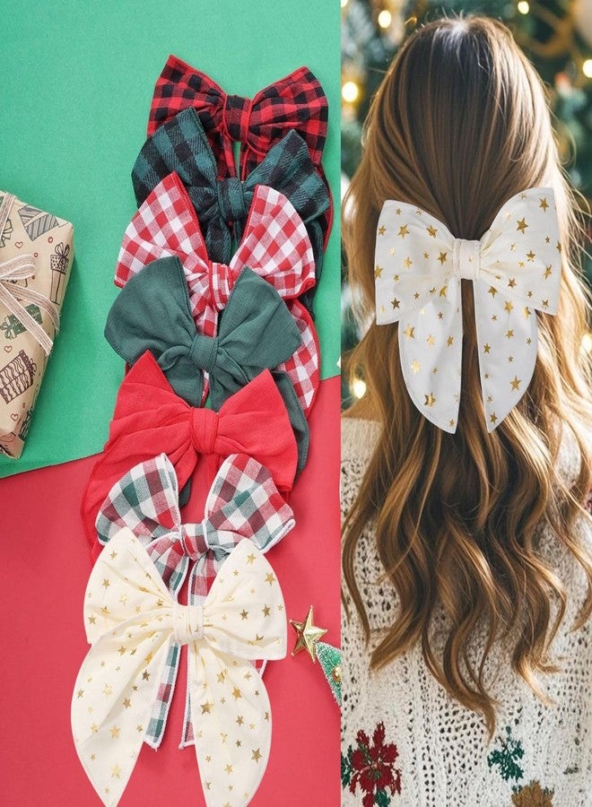Sucrain 7 Pieces Large Christmas Fable Hair Bows Cotton Linen Red and Black Plaid Hair Bow Handmade Christmas Hair Accessories for Girls Kids Women - Image 3