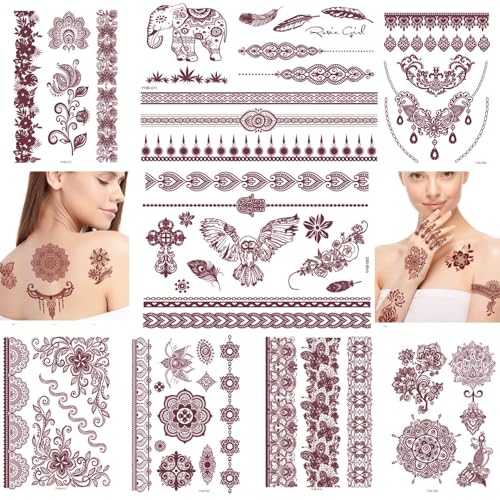 Ahamo 12 Premium Henna Tattoo Stickers for Women - Instant Mehendi Stickers Kit with 12 Unique Designs | Safe, Waterproof & Long-Lasting Mehndi Stickers for Hands, Festivals, Weddings (Brown) - Image 1