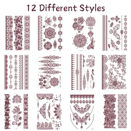 Ahamo 12 Premium Henna Tattoo Stickers for Women - Instant Mehendi Stickers Kit with 12 Unique Designs | Safe, Waterproof & Long-Lasting Mehndi Stickers for Hands, Festivals, Weddings (Brown) - Image 3