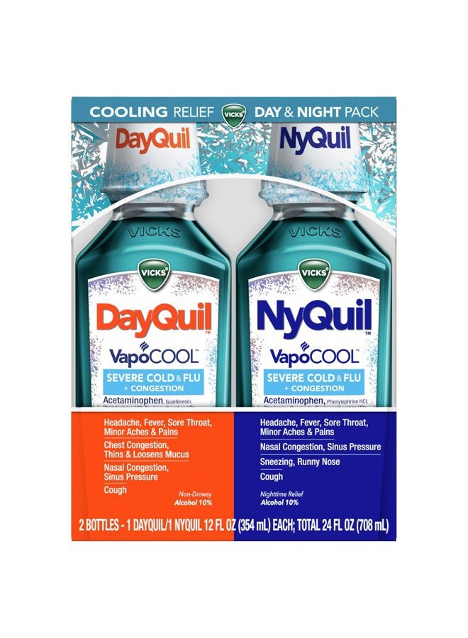 Vicks DayQuil and NyQuil VapoCOOL SEVERE Combo Cold & Flu + Congestion Medicine, Max Strength Relief For Fever, Sore Throat, Nasal Congestion, Sneezing, Cough, 2 x 12 oz Bottles, 1 NyQuil, 1 DayQuil - Image 1