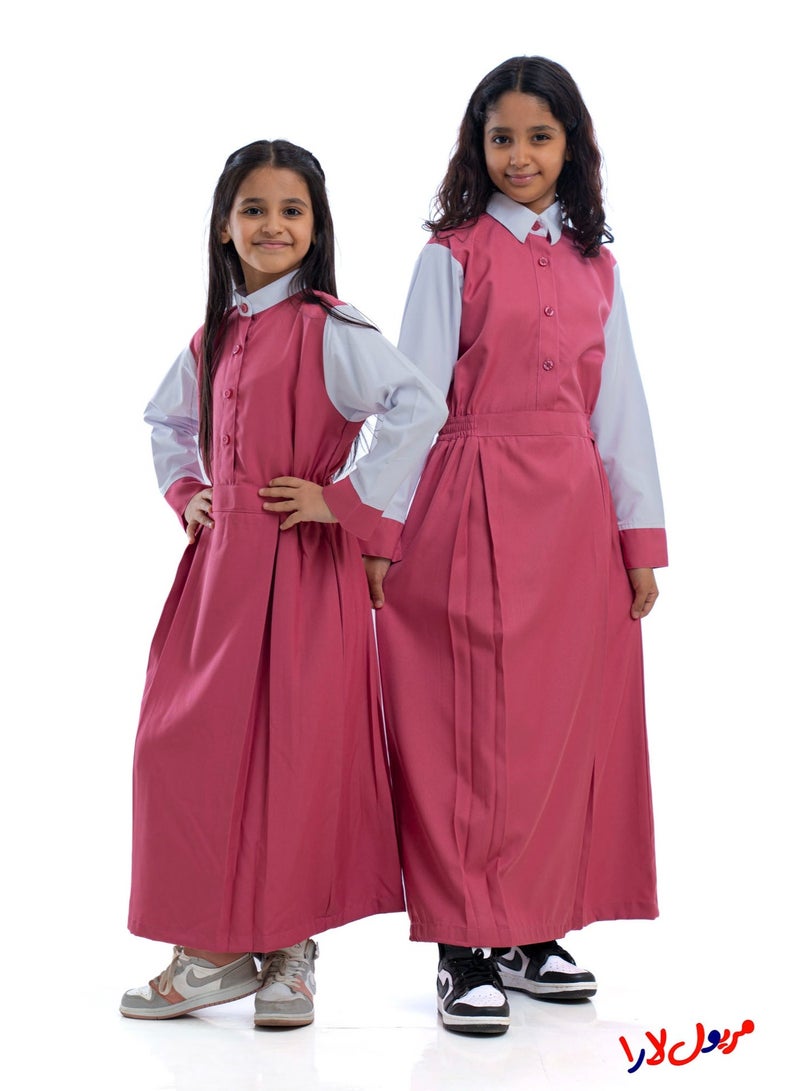 مريول لارا مريول كويتي ابتدائي وردي سادة بأكمام بيضاء وأزرار أمامية – زي مدرسي بناتي عملي - Image 1