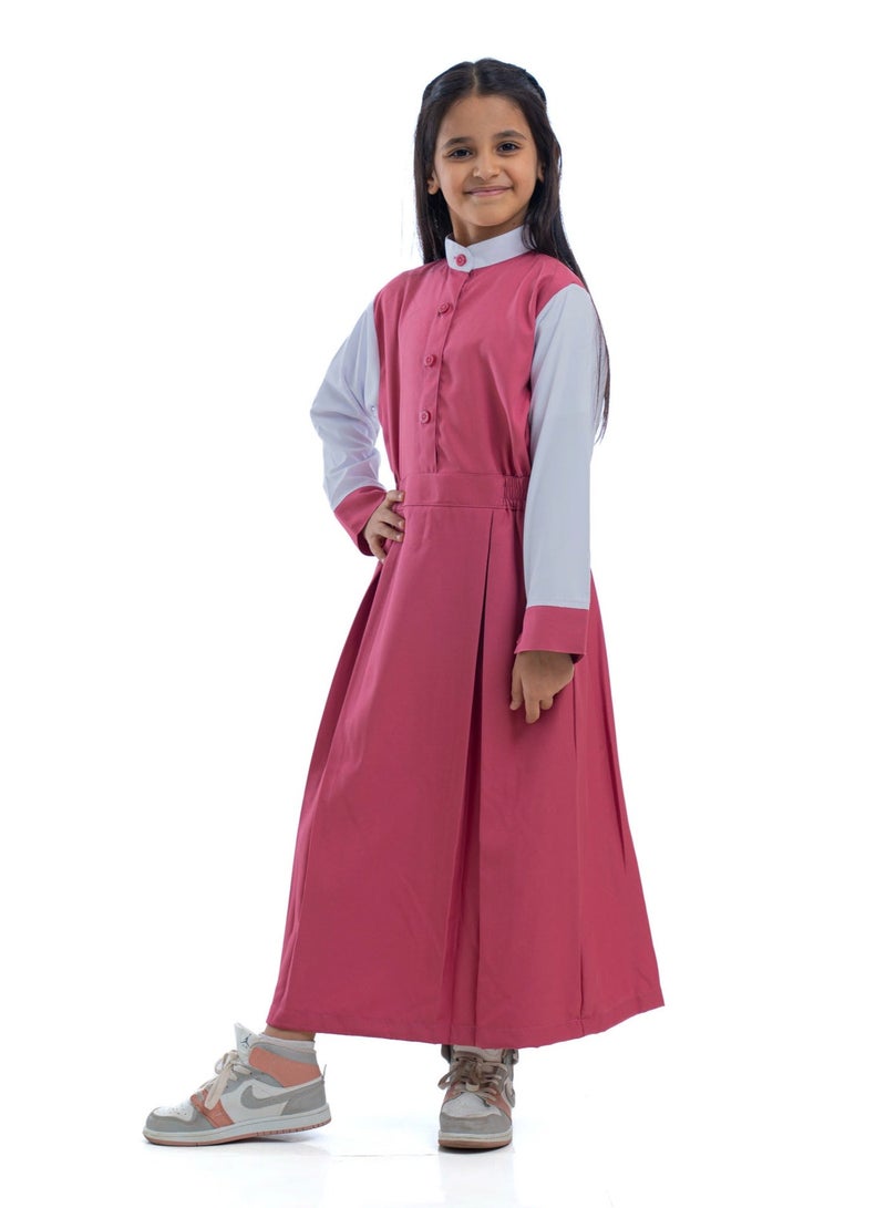 مريول لارا مريول كويتي ابتدائي وردي سادة بأكمام بيضاء وأزرار أمامية – زي مدرسي بناتي عملي - Image 4