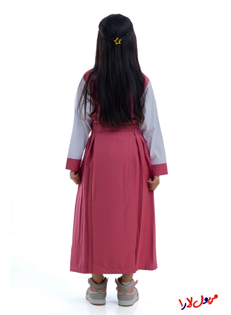 مريول لارا مريول كويتي ابتدائي وردي سادة بأكمام بيضاء وأزرار أمامية – زي مدرسي بناتي عملي - Image 5