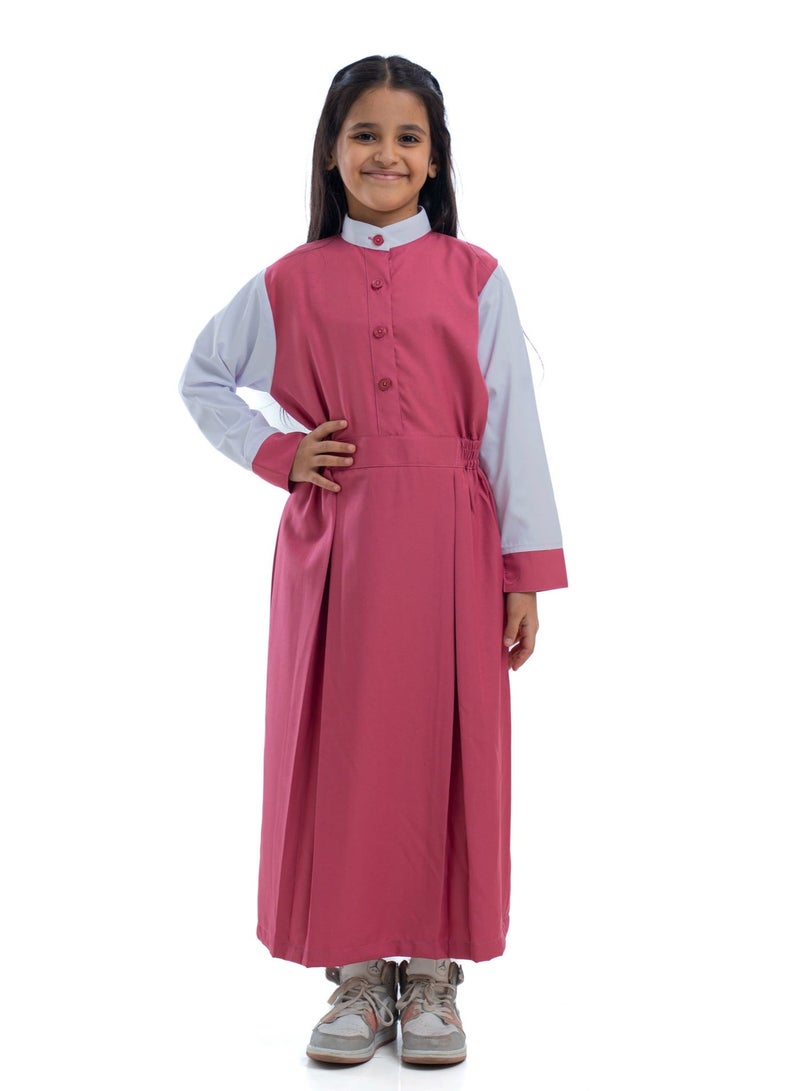 مريول لارا مريول كويتي ابتدائي وردي سادة بأكمام بيضاء وأزرار أمامية – زي مدرسي بناتي عملي - Image 3