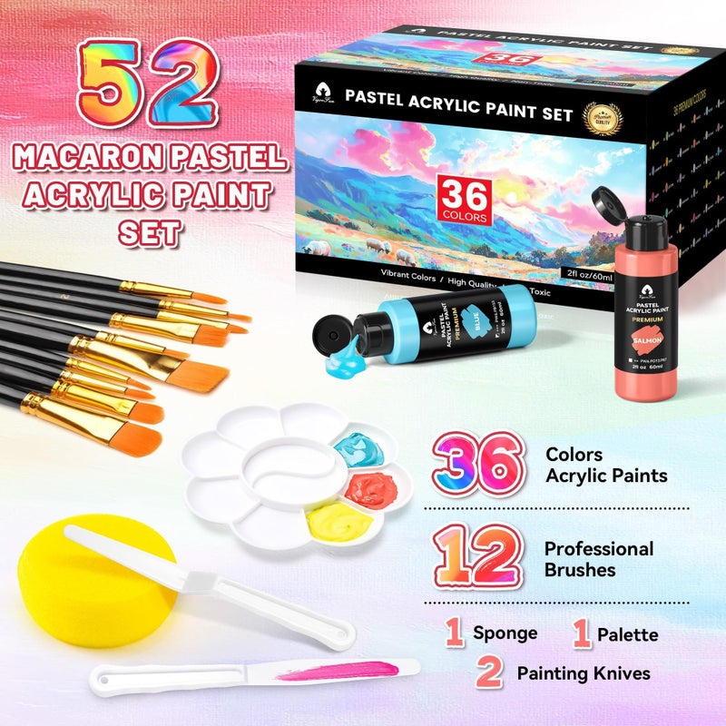 Vigorfun 52 Pcs Pastel Acrylic Paint Set with 12 Brushes, 2 Knives & Palette, 36 Colors (2oz/60ml) - for Adults, Artists & Beginners - Canvas Ceramic Rock Wood Egg Painting Kit - Image 2