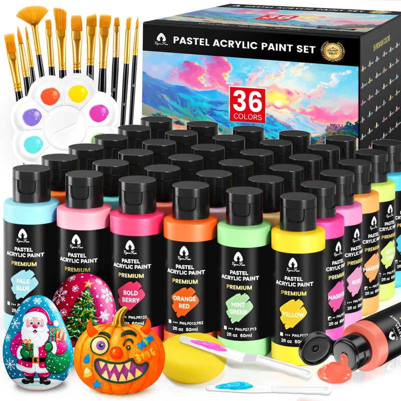 Vigorfun 52 Pcs Pastel Acrylic Paint Set with 12 Brushes, 2 Knives & Palette, 36 Colors (2oz/60ml) - for Adults, Artists & Beginners - Canvas Ceramic Rock Wood Egg Painting Kit - Image 1