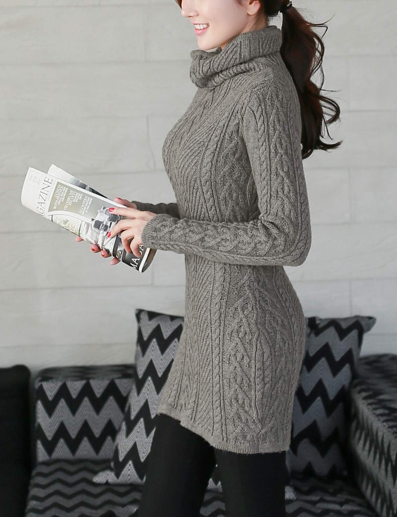 v28 Women Polo Neck Turtleneck Knit Stretchable Elasticity Long Slim Sweater (L,Dark Grey) - Image 2