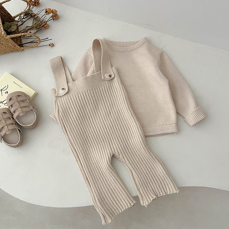 Girls Casual Knit Strap Pants Set Apricot Sweater  - Image 1