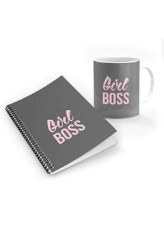 Stylizedd مجموعة هدايا شخصية من Girl Boss (رمادي) مع كوب قهوة مطبوع عليه شعار مصمم + دفتر ملاحظات حلزوني بحجم A5 ومفكرة يوميات 