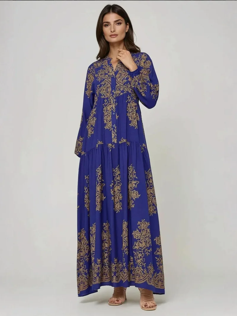 زوبعة فستان ماكسي فيسكون مطبوع بياقة قميص