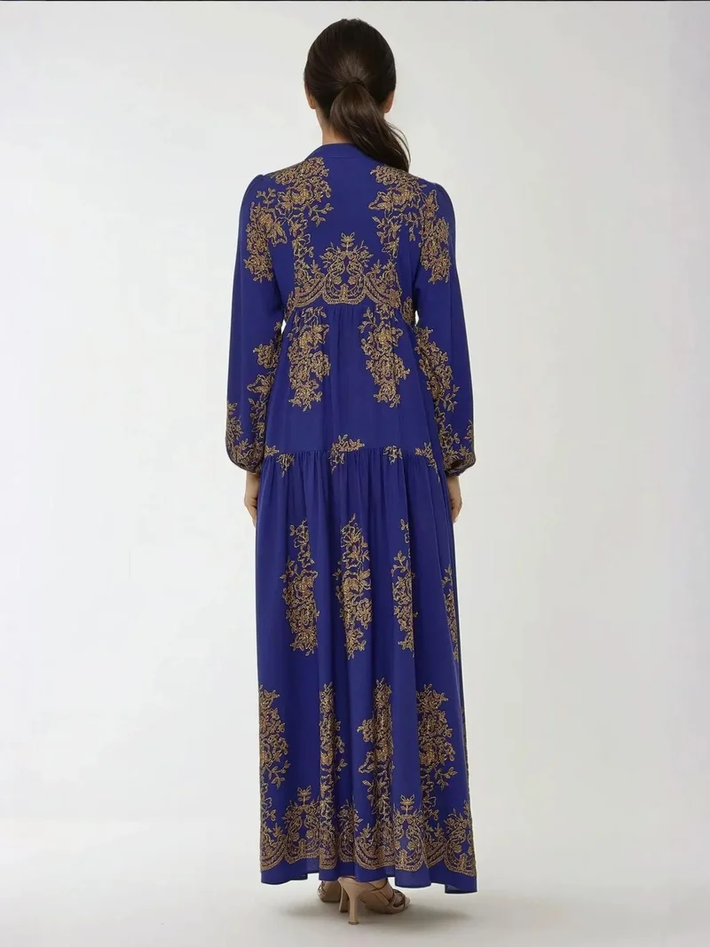 HICCUP Moroccan Blue Printed Viscon Maxi Dress with Shirt Collar for Women | Best Price UAE