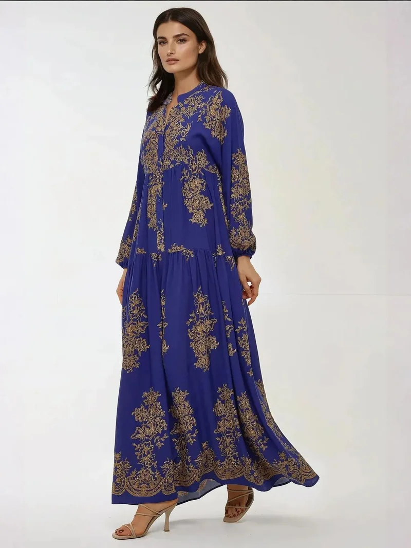 HICCUP Moroccan Blue Printed Viscon Maxi Dress with Shirt Collar for Women | Best Price UAE